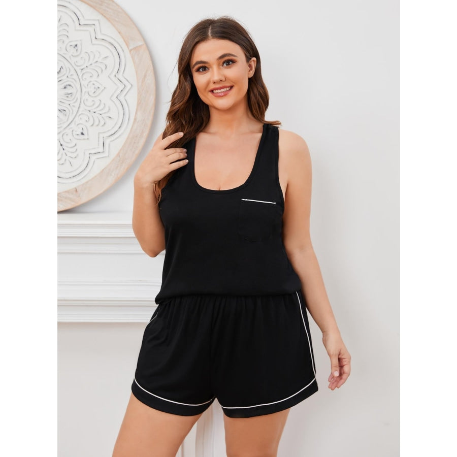 Plus Size Contrast Piping Racerback Tank and Shorts Lounge Set Black / 1XL