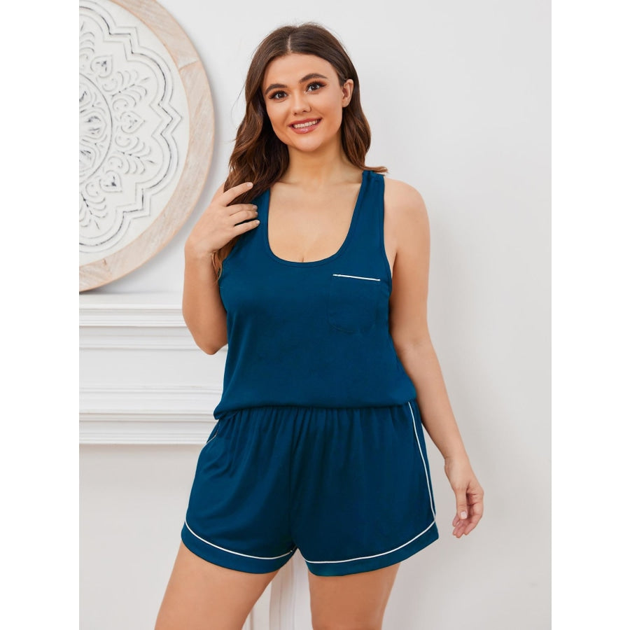 Plus Size Contrast Piping Racerback Tank and Shorts Lounge Set Peacock Blue / 1XL