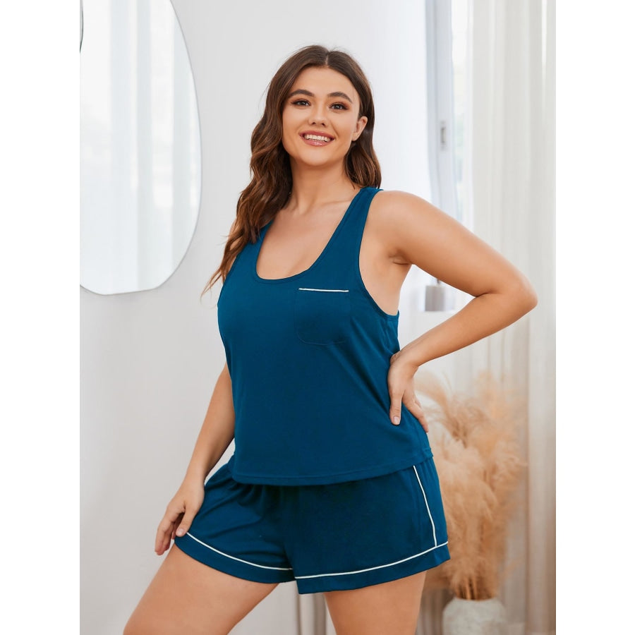 Plus Size Contrast Piping Racerback Tank and Shorts Lounge Set