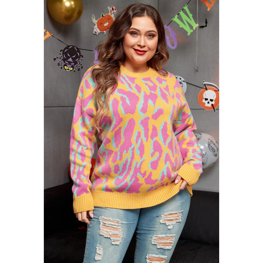 Plus Size Contrast Round Neck Long Sleeve Sweater Apparel and Accessories