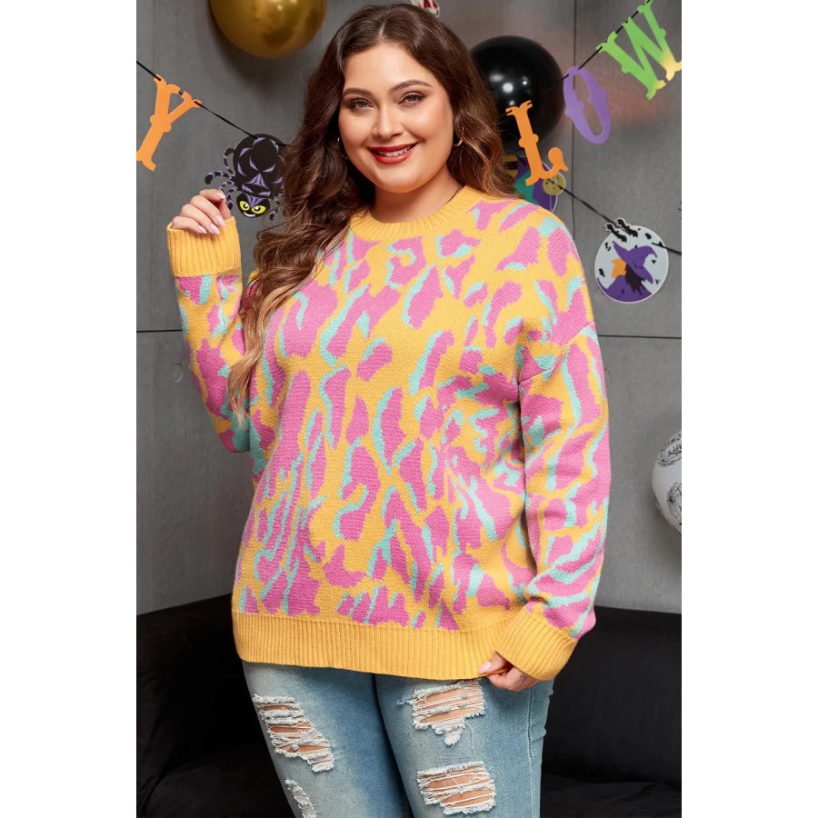 Plus Size Contrast Round Neck Long Sleeve Sweater Apparel and Accessories