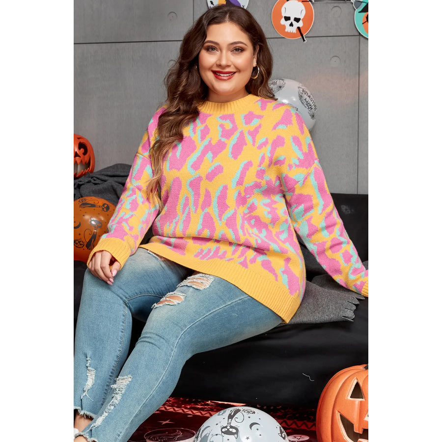 Plus Size Contrast Round Neck Long Sleeve Sweater Apparel and Accessories