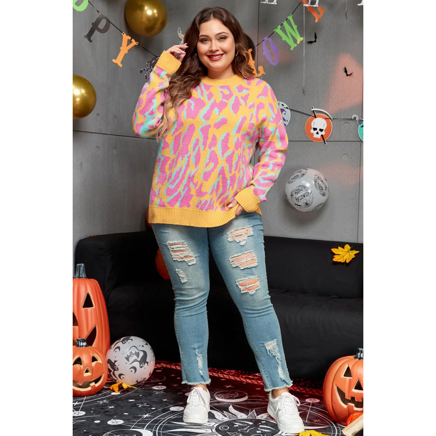 Plus Size Contrast Round Neck Long Sleeve Sweater Apparel and Accessories