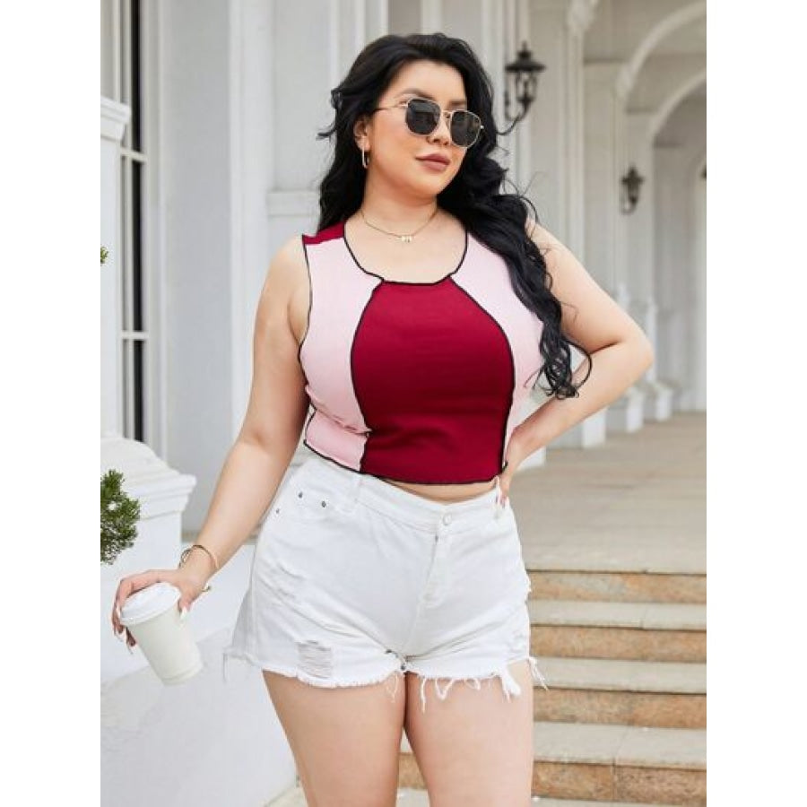 Plus Size Contrast Round Neck Tank Apparel and Accessories