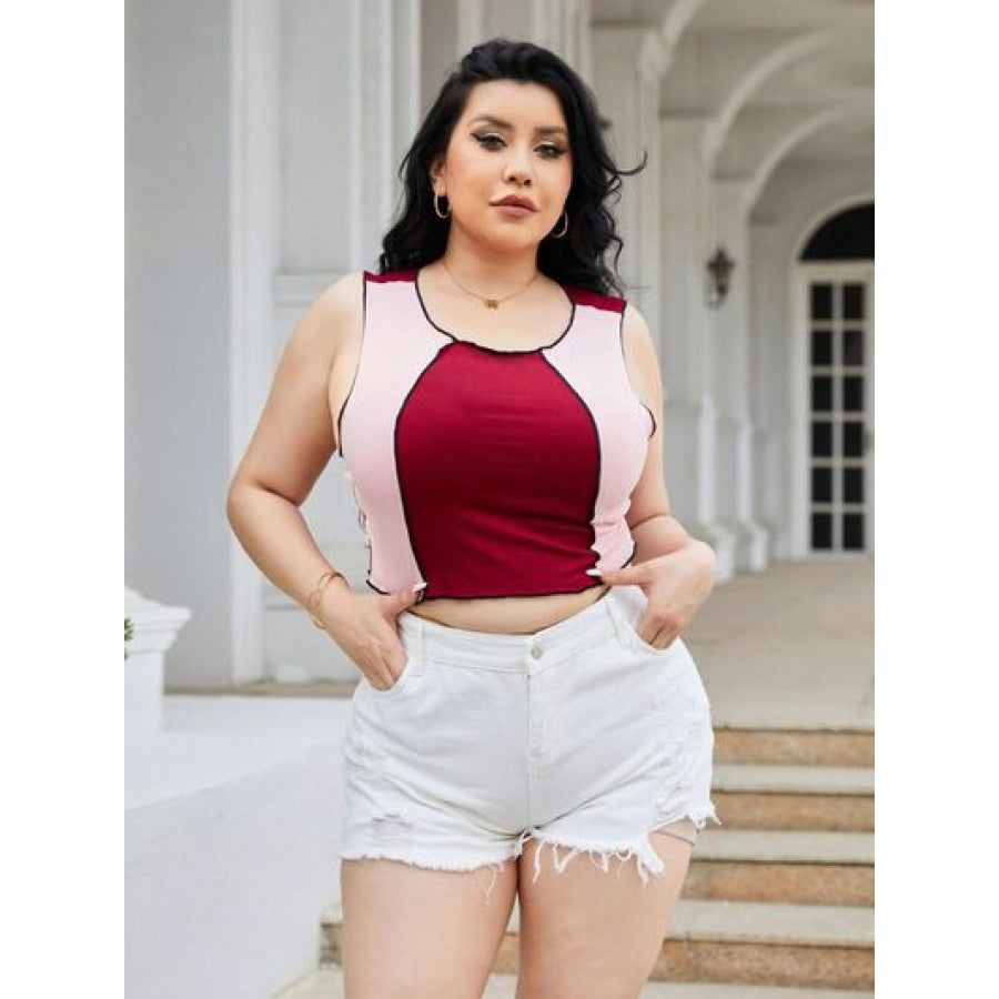 Plus Size Contrast Round Neck Tank Wine / 1XL Apparel and Accessories