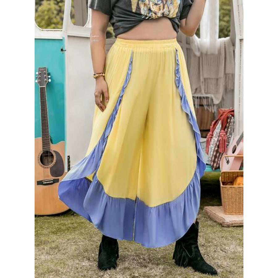 Plus Size Contrast Ruffled Wide Leg Pants Apparel and Accessories