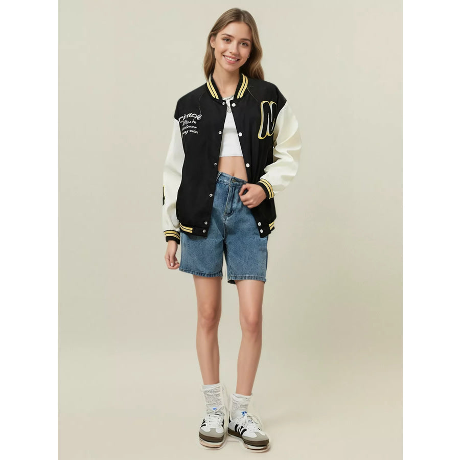 Plus Size Contrast Sleeves Snap Down Jacket Apparel and Accessories
