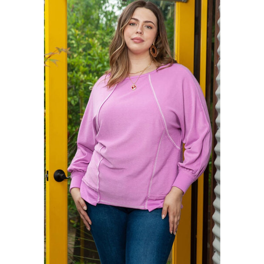 Plus Size Contrast Stitching Long Sleeve T-Shirt Fuchsia Pink / 1XL Clothing