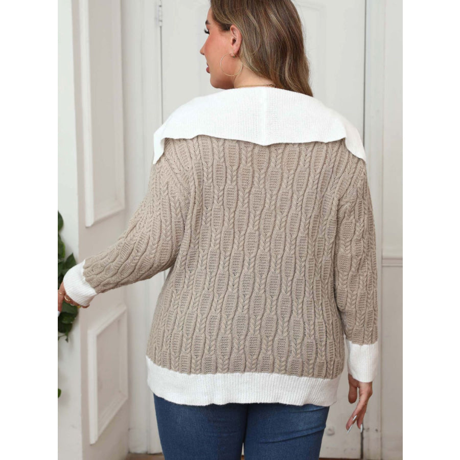 Plus Size Contrast Trim Collared Neck Sweater Apparel and Accessories