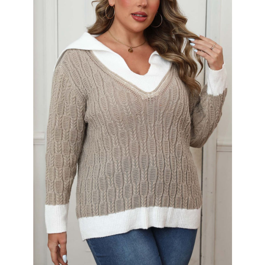 Plus Size Contrast Trim Collared Neck Sweater Apparel and Accessories