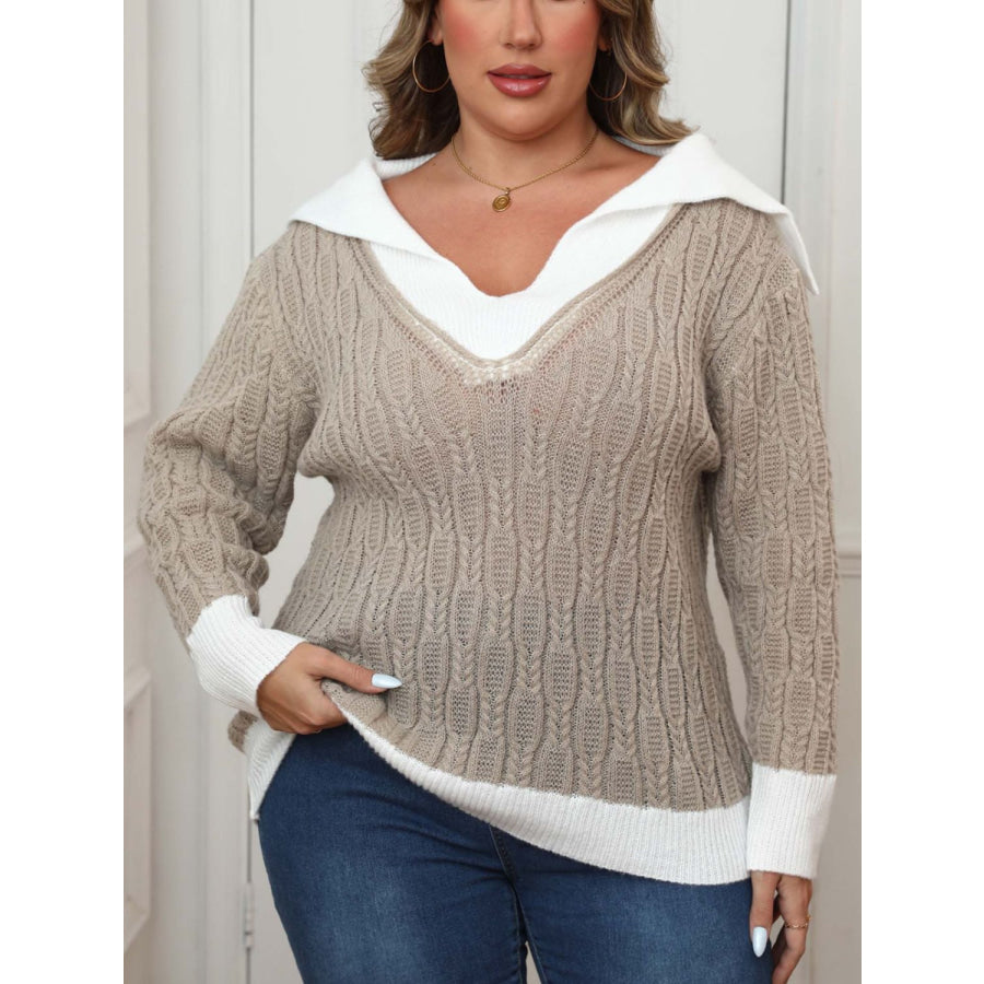 Plus Size Contrast Trim Collared Neck Sweater Apparel and Accessories