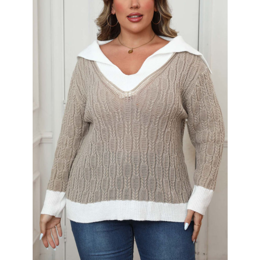 Plus Size Contrast Trim Collared Neck Sweater Khaki / 0XL Apparel and Accessories