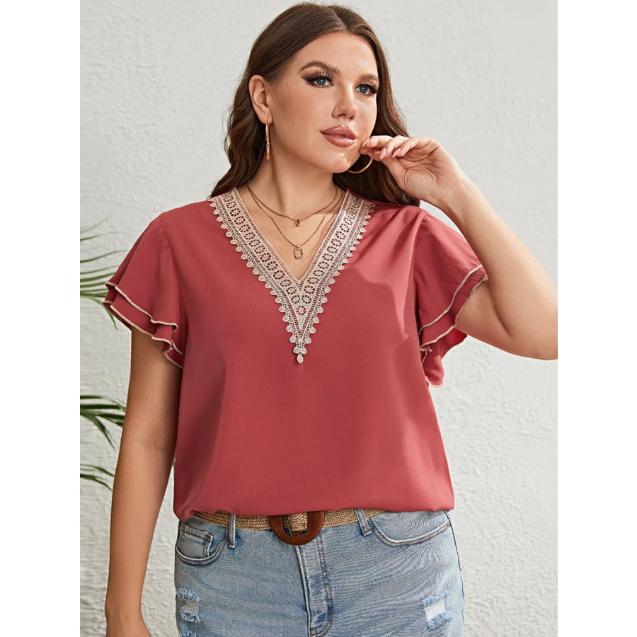 Plus Size Contrast V-Neck Layered Flutter Sleeve Blouse Burnt Coral / 1XL