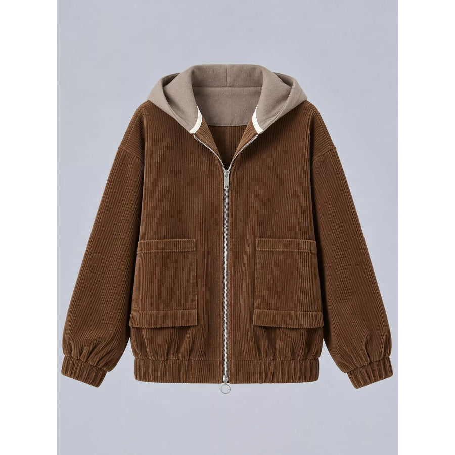 Plus Size Corduroy Hooded Zip-Up Jacket Apparel and Accessories