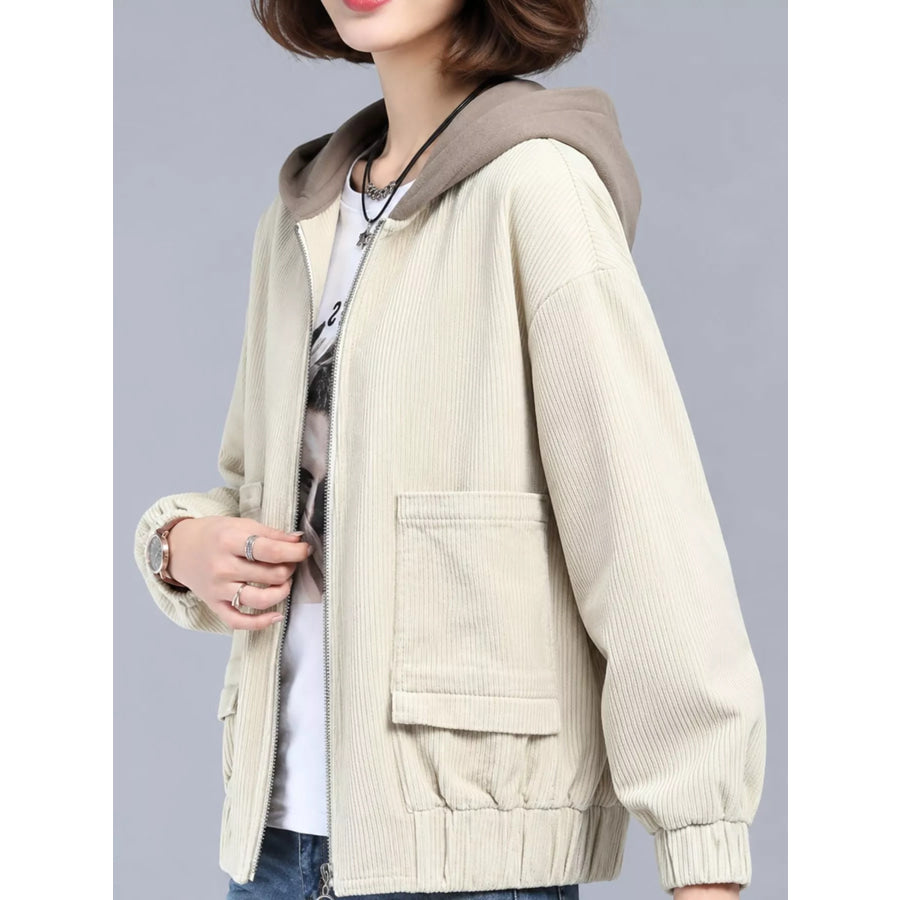 Plus Size Corduroy Hooded Zip-Up Jacket Apparel and Accessories