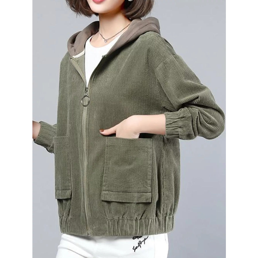 Plus Size Corduroy Hooded Zip-Up Jacket Apparel and Accessories