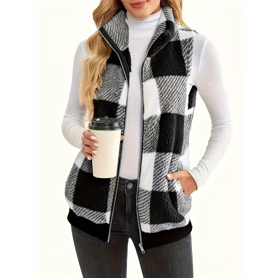 Plus Size Cozy Plaid Fleece Vest Coat Apparel and Accessories