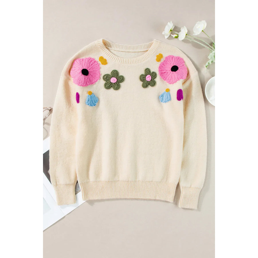 Plus Size Crochet Flower Round Neck Long Sleeve Sweater Ivory / 1XL Apparel and Accessories
