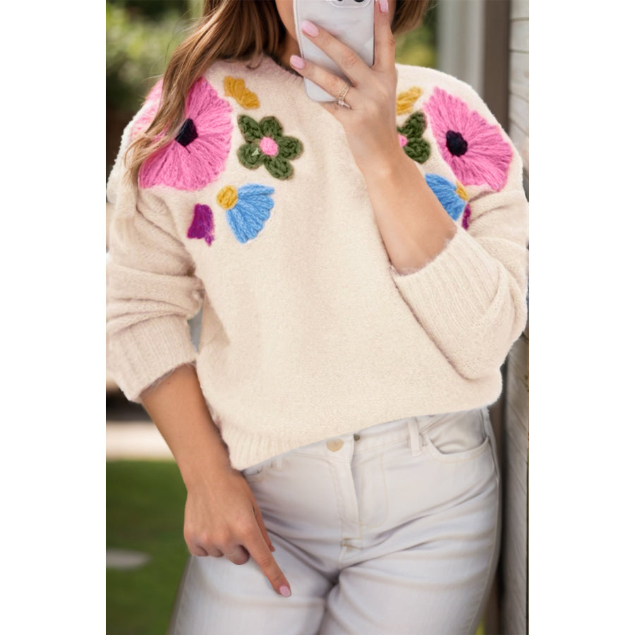 Plus Size Crochet Flower Round Neck Long Sleeve Sweater Ivory / 1XL Apparel and Accessories