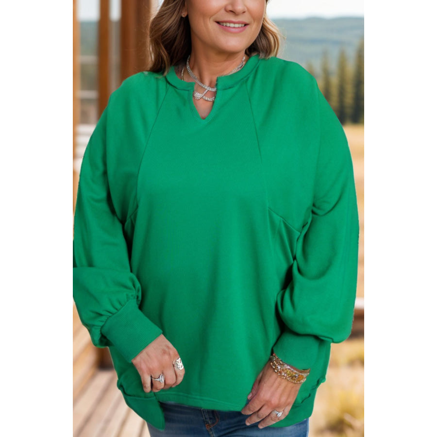 Plus Size Cutout Hem Notched Long Sleeve Sweatshirt Dark Green / 1XL Apparel and Accessories