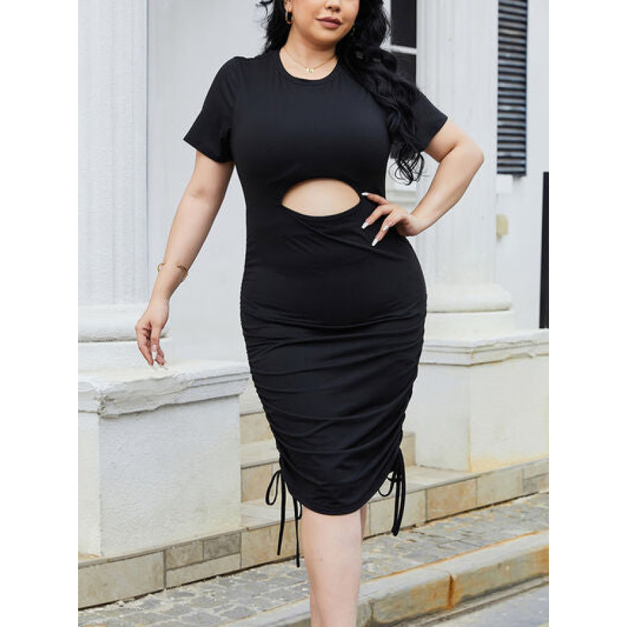 Plus Size Cutout Ruched Round Neck Short Sleeve Dress Black / 1XL Apparel and Accessories