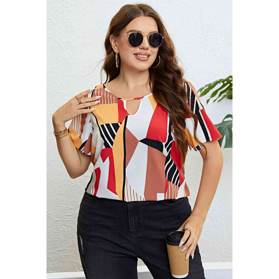 Plus Size Cutout Short Sleeve Blouse Multicolor / 1XL