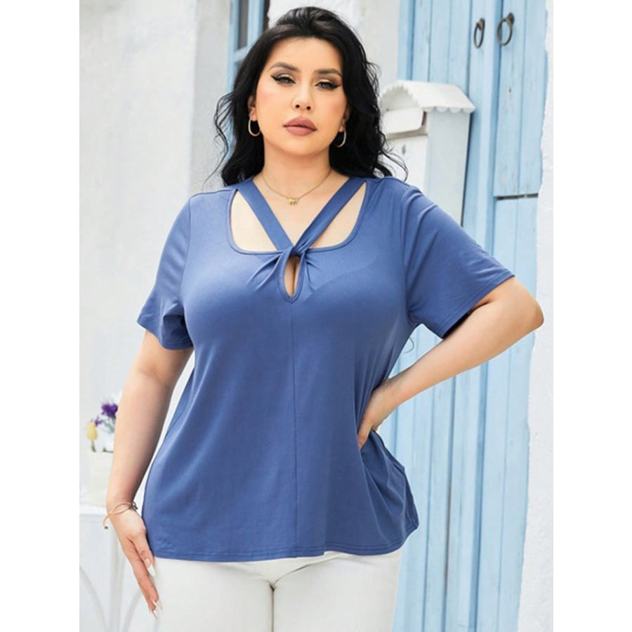 Plus Size Cutout Short Sleeve Top Azure / 1XL