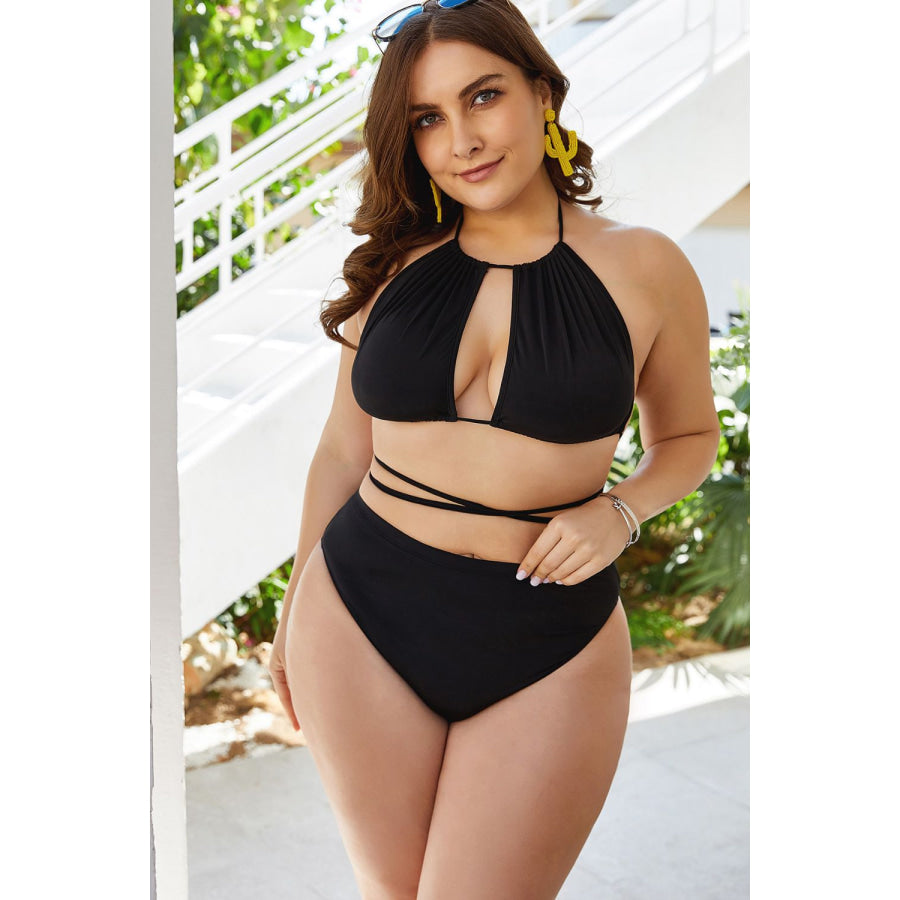 Plus Size Cutout Tied Backless Bikini Set Black / 2XL Apparel and Accessories