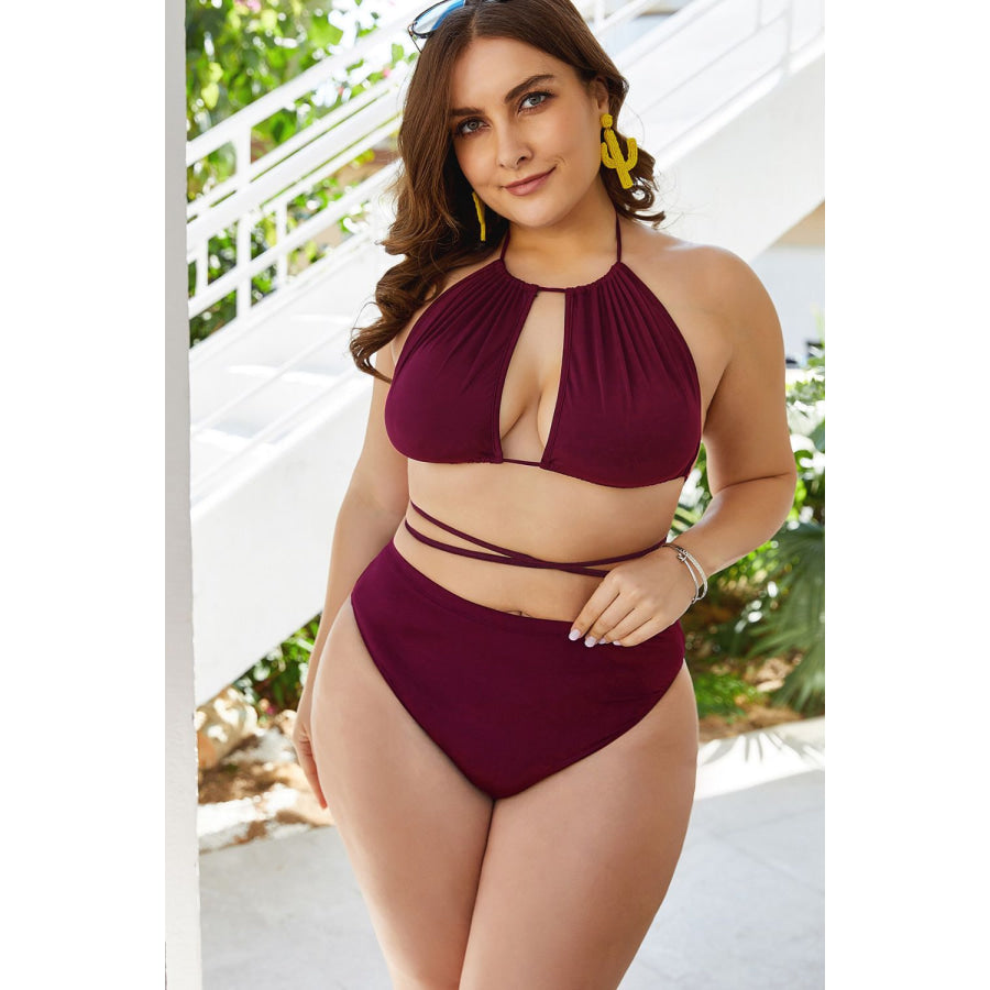 Plus Size Cutout Tied Backless Bikini Set Red / 2XL Apparel and Accessories