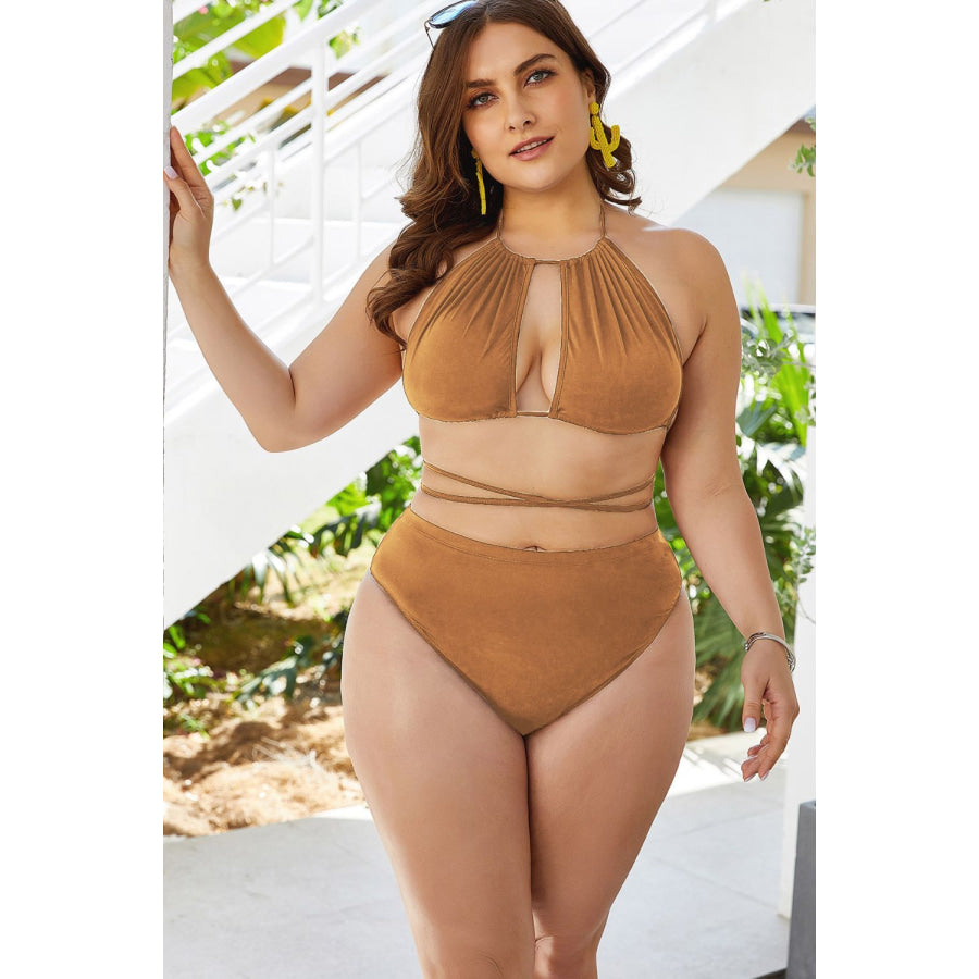 Plus Size Cutout Tied Backless Bikini Set Yellow / 2XL Apparel and Accessories