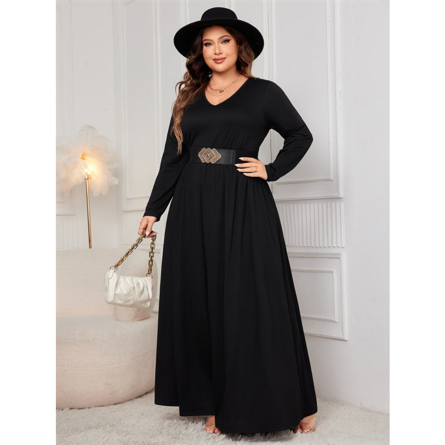 Plus Size Cutout V-Neck Long Sleeve Maxi Dress Apparel and Accessories