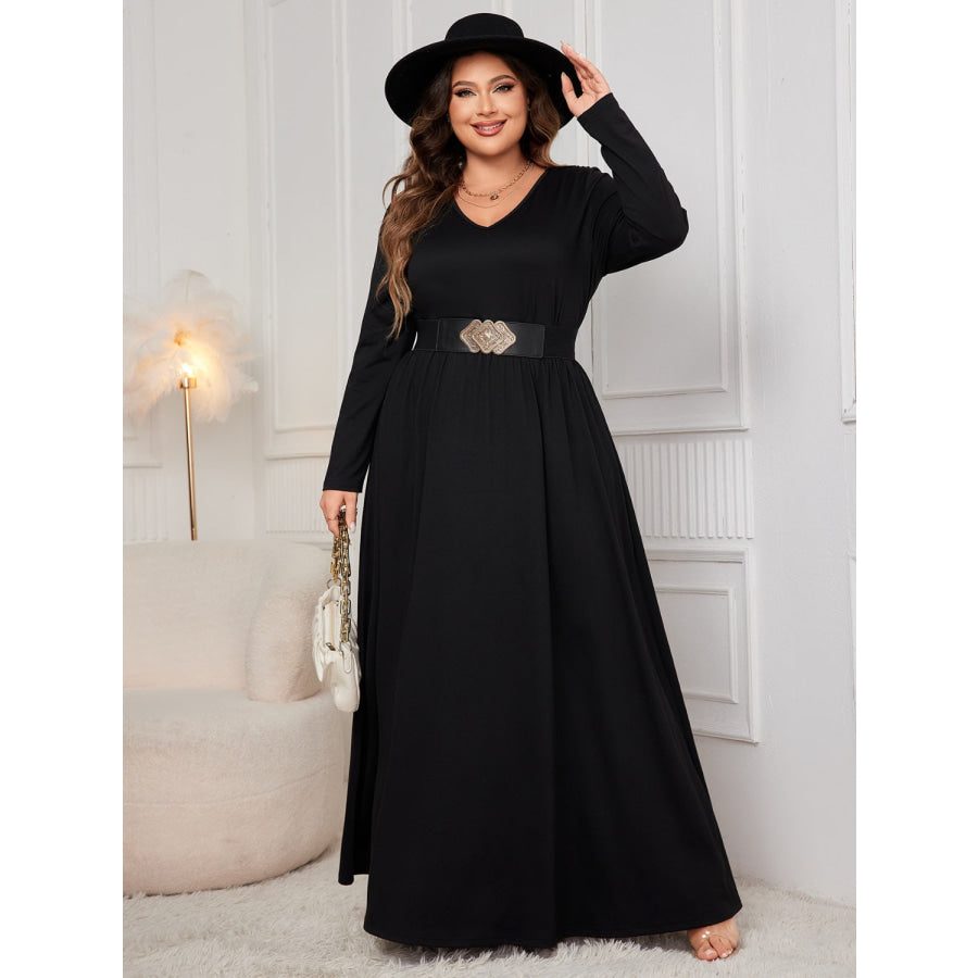 Plus Size Cutout V-Neck Long Sleeve Maxi Dress Apparel and Accessories