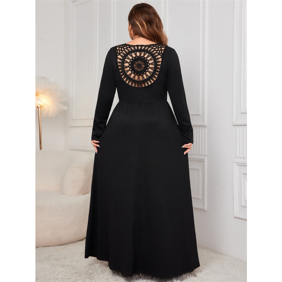 Plus Size Cutout V-Neck Long Sleeve Maxi Dress Black / 1XL Apparel and Accessories