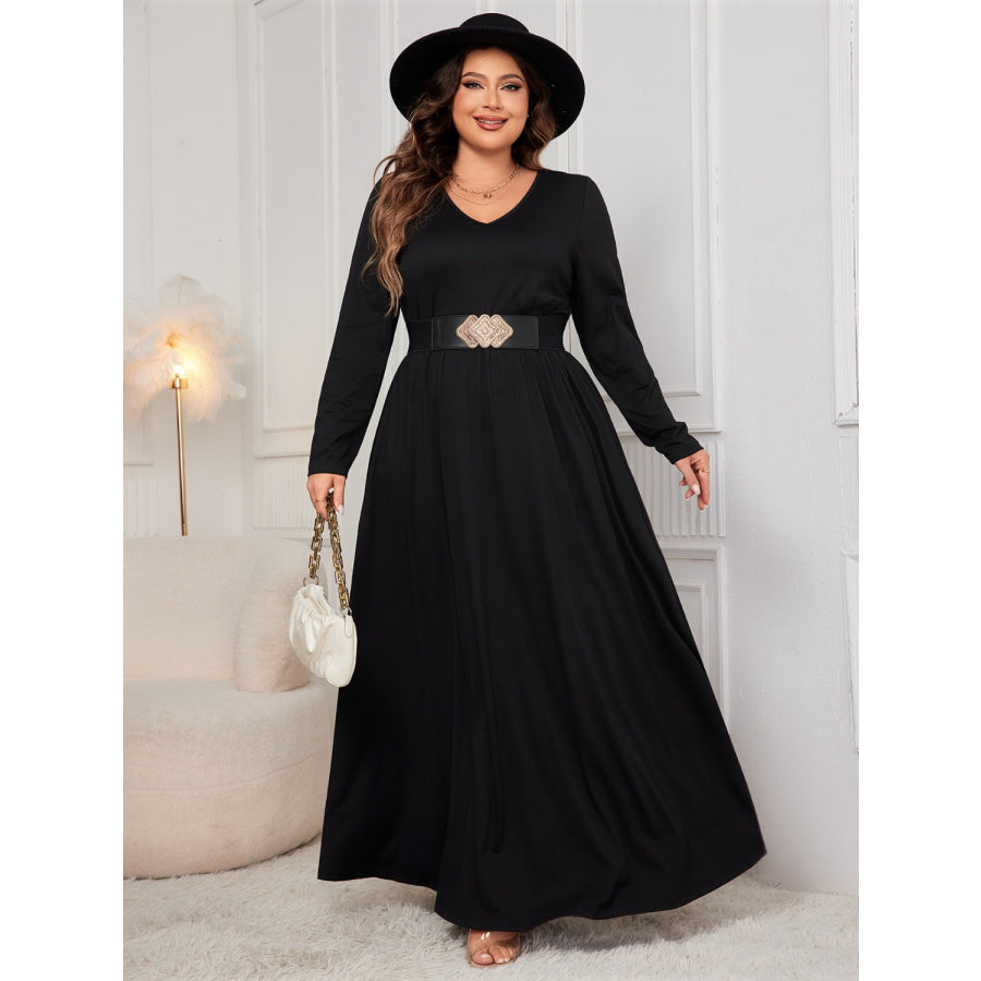 Plus Size Cutout V-Neck Long Sleeve Maxi Dress Apparel and Accessories