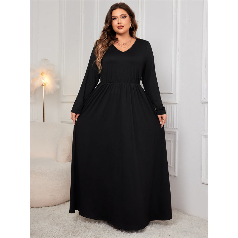 Plus Size Cutout V-Neck Long Sleeve Maxi Dress Apparel and Accessories