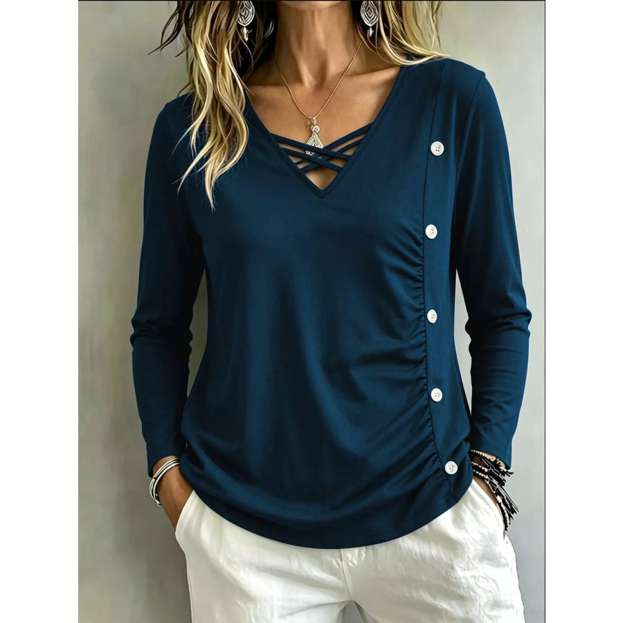 Plus Size Decorative Button Criss-Cross Long Sleeve Top Navy / XL Apparel and Accessories