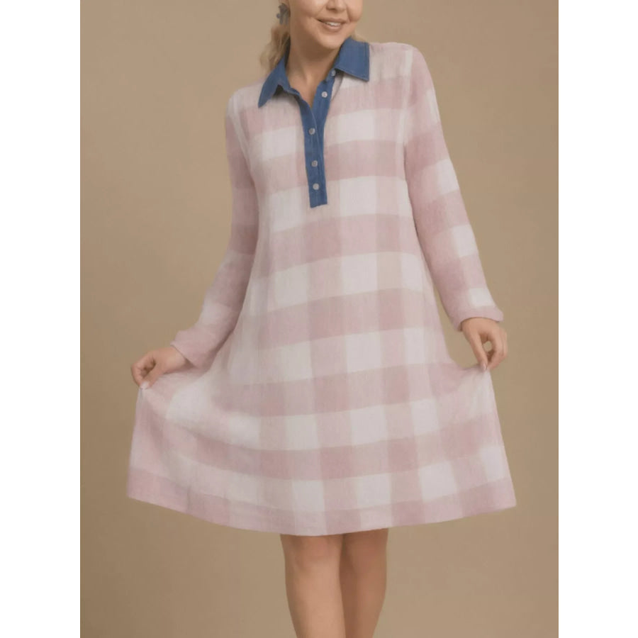 Plus Size Denim Collar Plaid Shirt Dress Pink / 1XL Apparel and Accessories