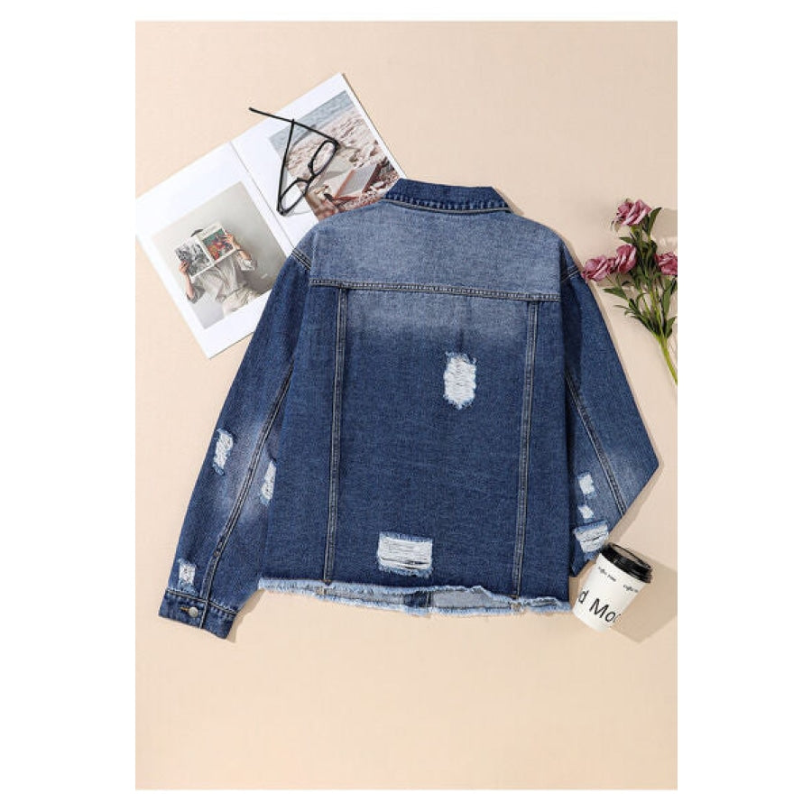 Plus Size Distressed Button Up Raw Hem Denim Jacket Clothing