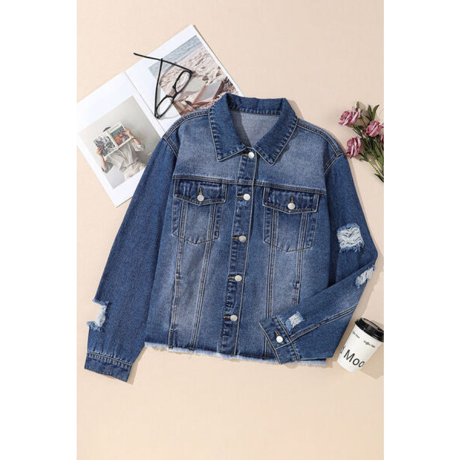 Plus Size Distressed Button Up Raw Hem Denim Jacket Clothing