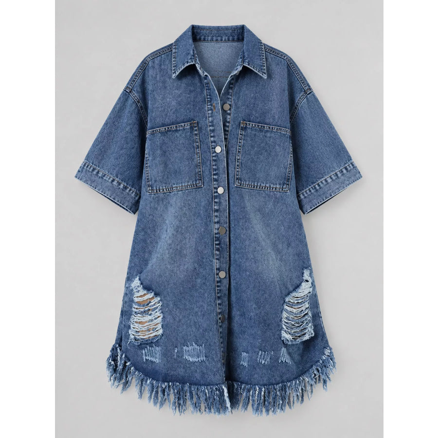 Plus Size Distressed Frayed Hem Button-Down Denim Dress Apparel and Accessories
