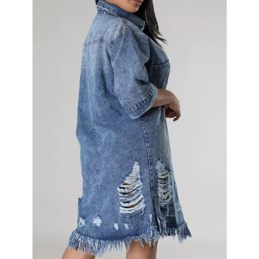 Plus Size Distressed Frayed Hem Button-Down Denim Dress Apparel and Accessories