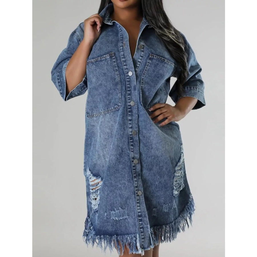 Plus Size Distressed Frayed Hem Button-Down Denim Dress Apparel and Accessories