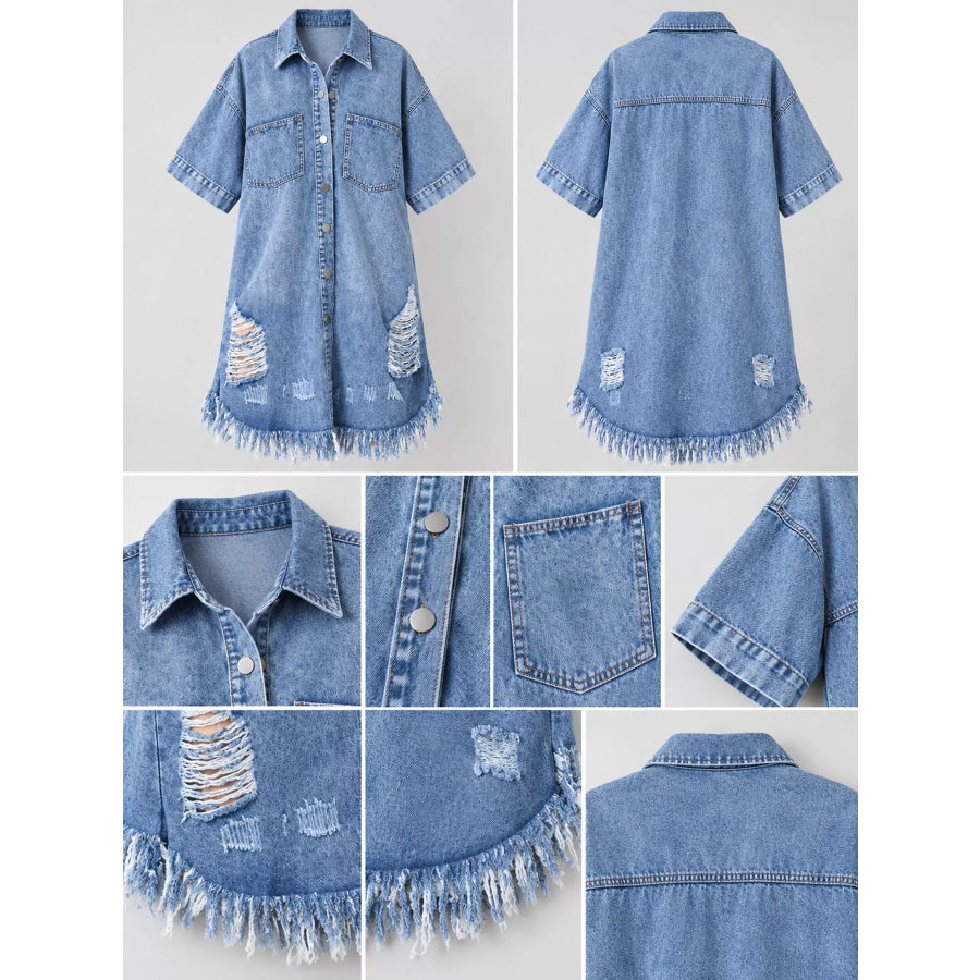 Plus Size Distressed Frayed Hem Button-Down Denim Dress Apparel and Accessories