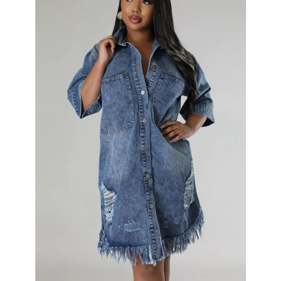 Plus Size Distressed Frayed Hem Button-Down Denim Dress Apparel and Accessories