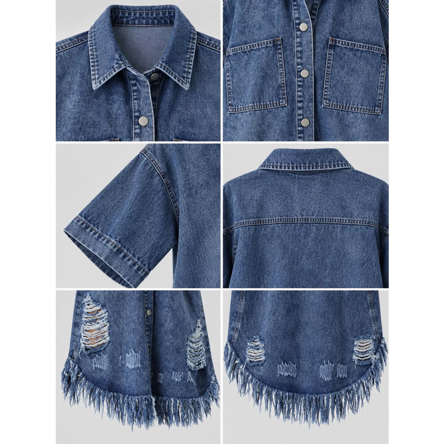 Plus Size Distressed Frayed Hem Button-Down Denim Dress Apparel and Accessories