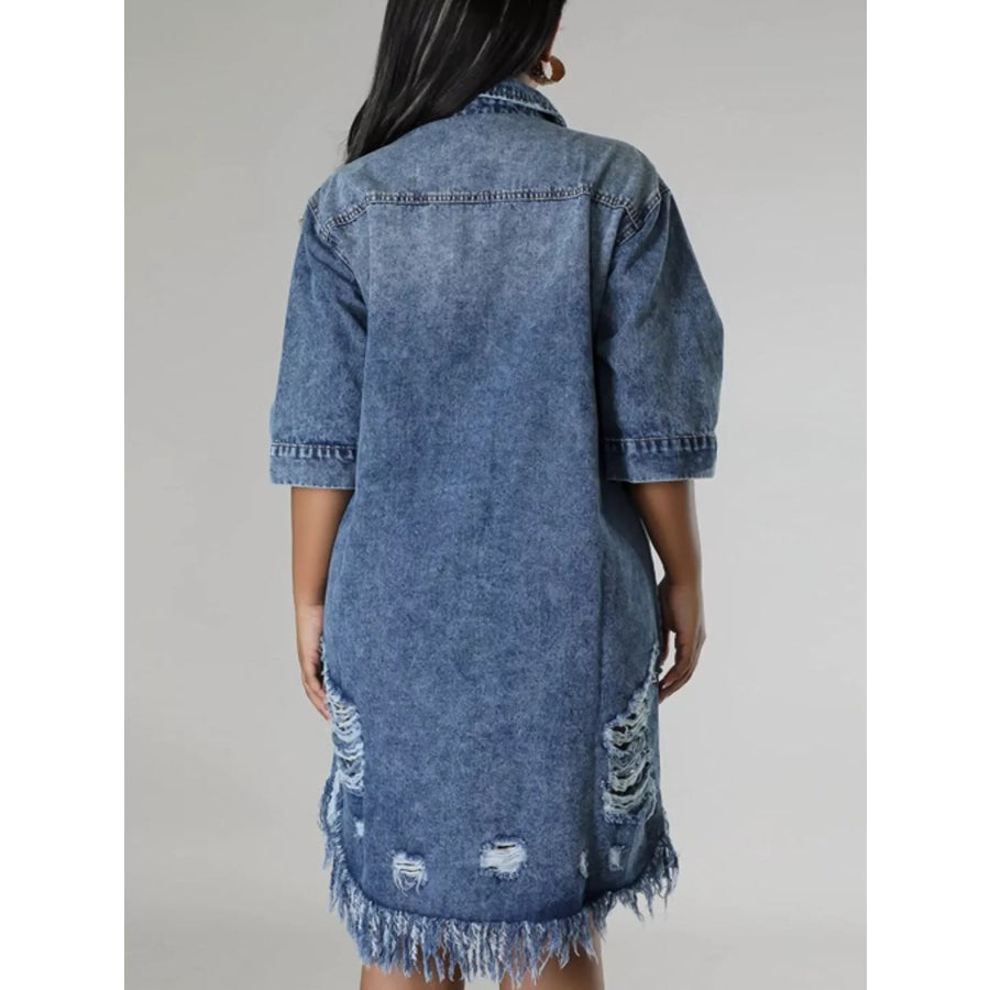 Plus Size Distressed Frayed Hem Button-Down Denim Dress Apparel and Accessories
