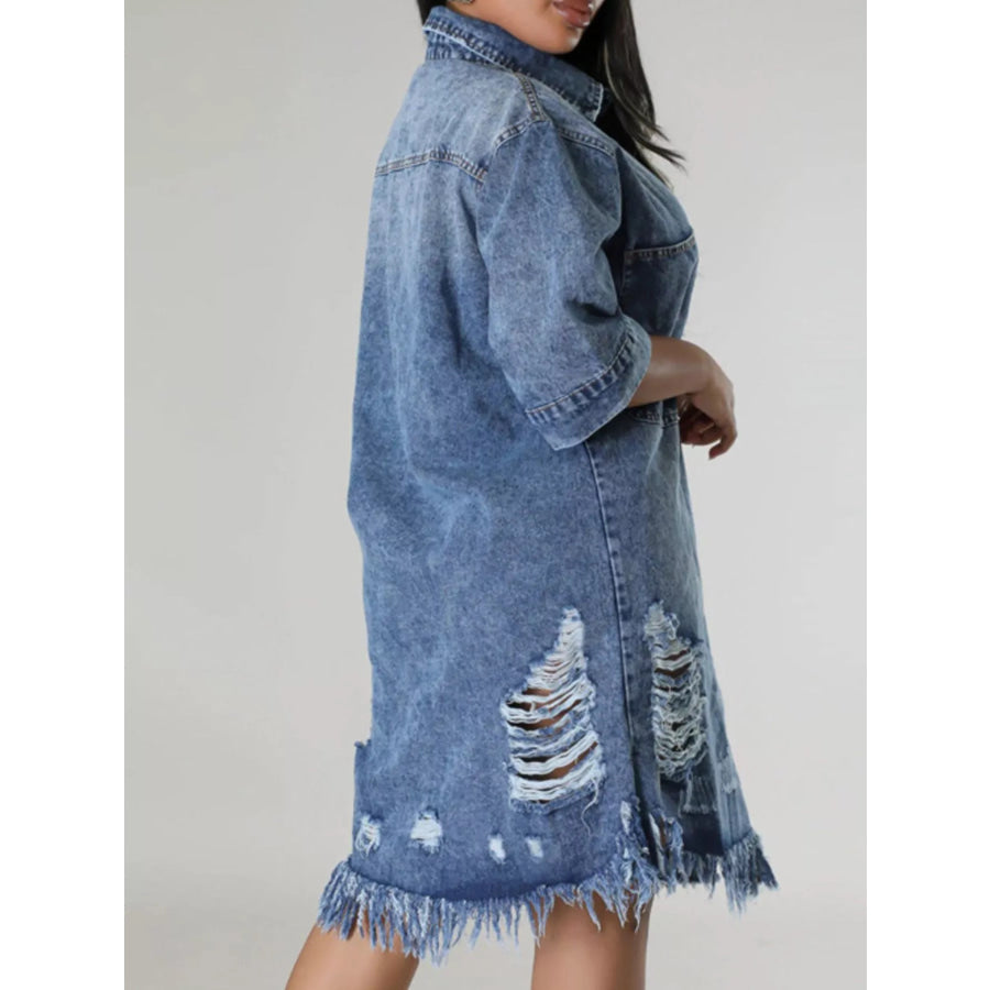 Plus Size Distressed Frayed Hem Button-Down Denim Dress Apparel and Accessories