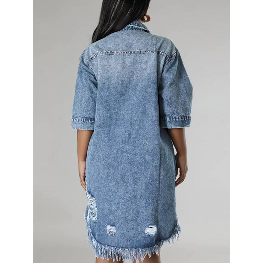 Plus Size Distressed Frayed Hem Button-Down Denim Dress Apparel and Accessories