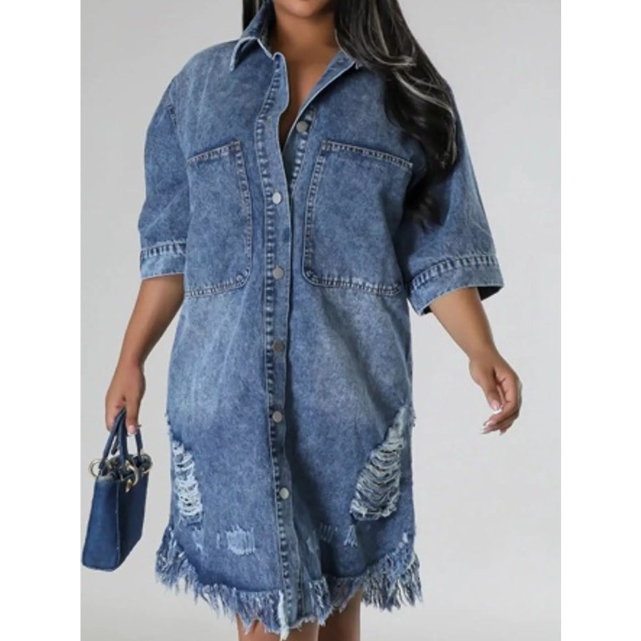Plus Size Distressed Frayed Hem Button-Down Denim Dress Apparel and Accessories