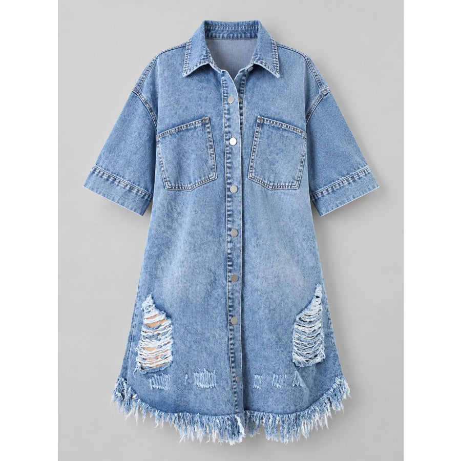 Plus Size Distressed Frayed Hem Button-Down Denim Dress Apparel and Accessories